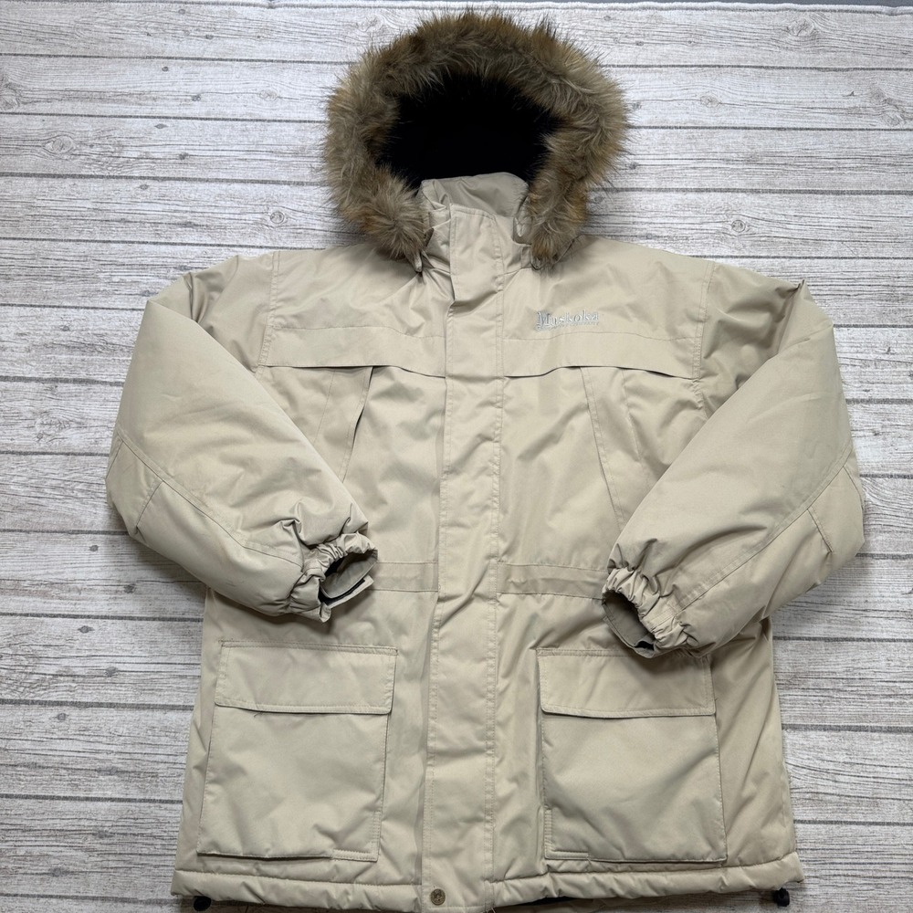 Vintage 90s Muskoka Equipment Parka Jacket Mens 52 Tan Faux Fur Hooded Insulated
